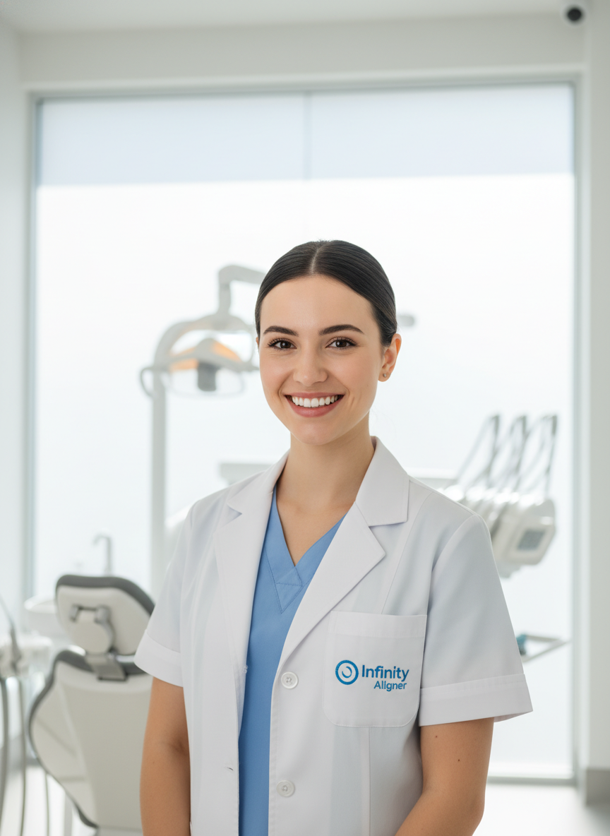 Patient smiling confidently with clear aligners